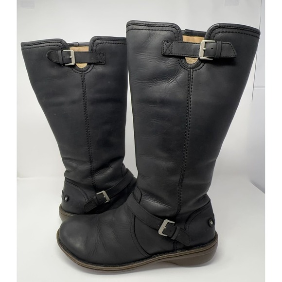 UGG 1003335 Tupelo Womens 10 Black Leather Tall Sheepskin Lined Riding Boots Zip - Picture 10 of 12